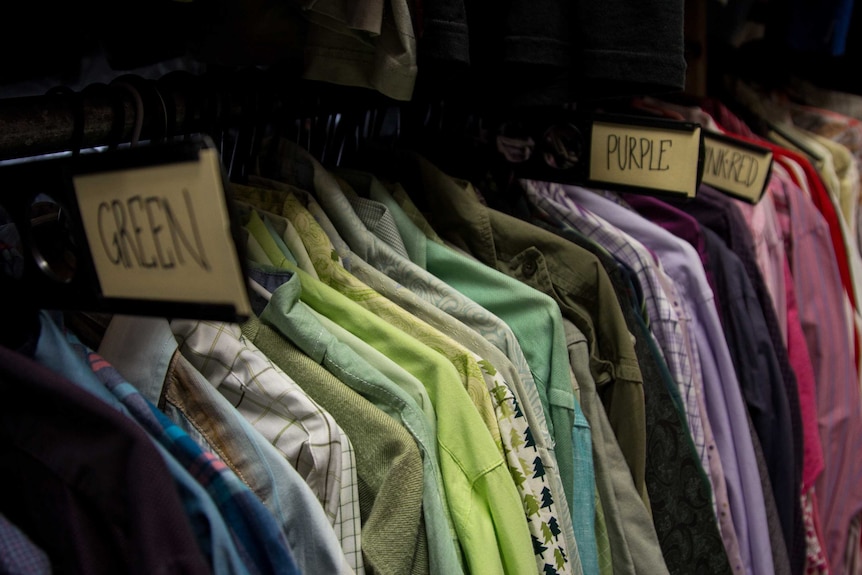 Men's shirts hang on a rack, arranged by colour.
