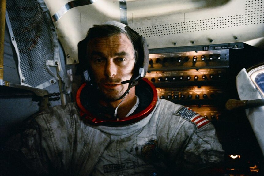 Apollo astronaut Captain Eugene Cernan wearing space suit.