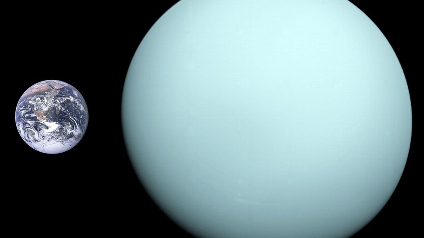 A diameter comparison of Uranus and Earth, with Uranus substantially larger