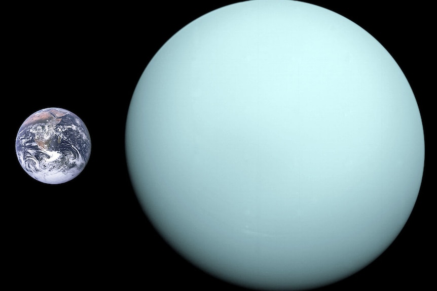 A diameter comparison of Uranus and Earth, with Uranus substantially larger