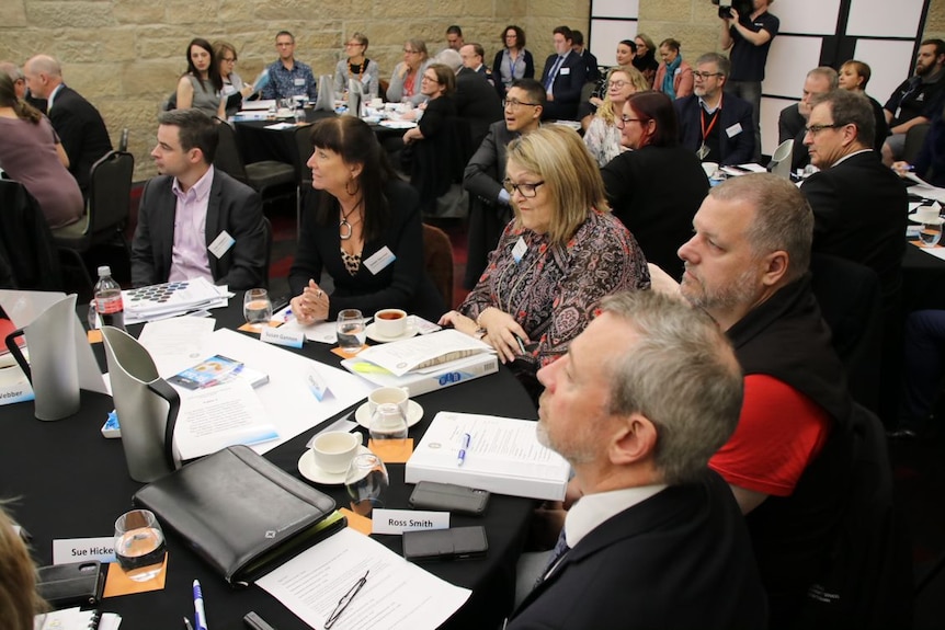 Health experts listen at a table.