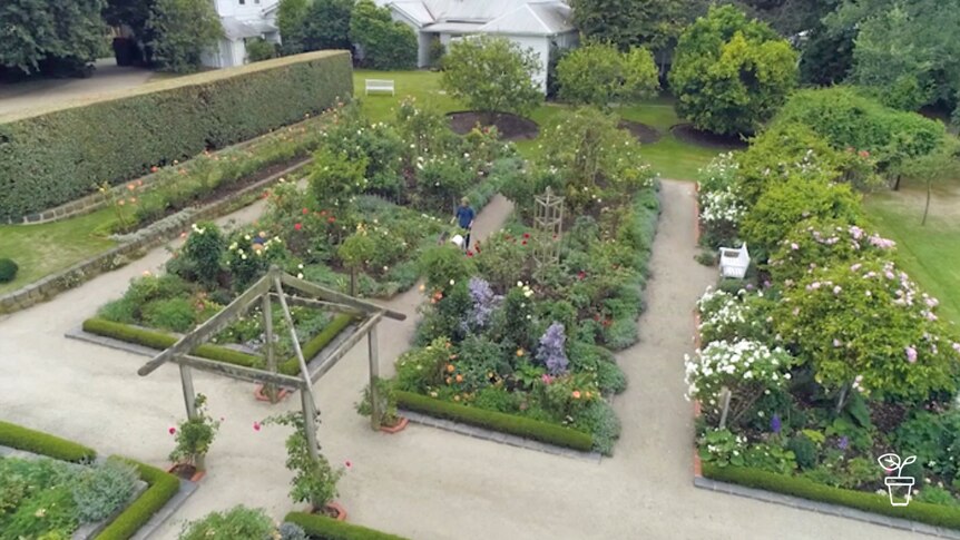 Aerial photo showing formal garden with gardener pushing wheelbarrow