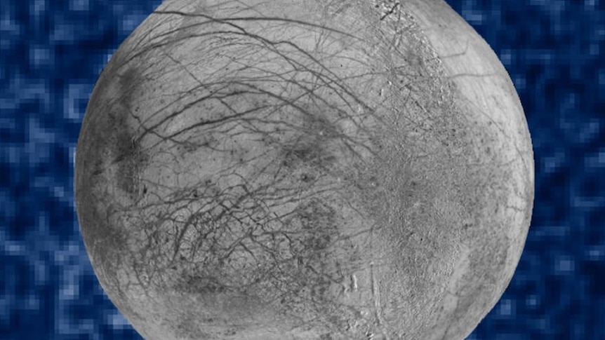 Water vapor erupting off the limb of Jupiter's moon Europa.