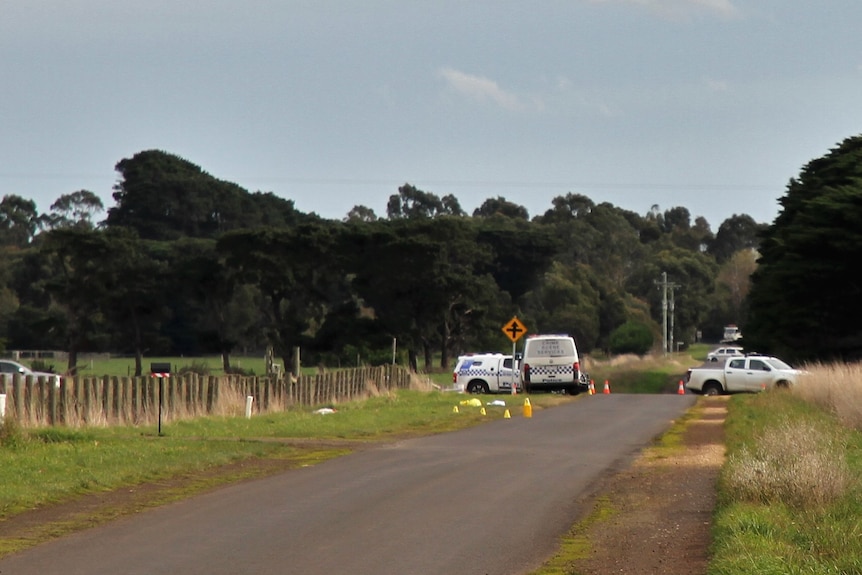 A long view of police cars on a road with paddocks on either side.