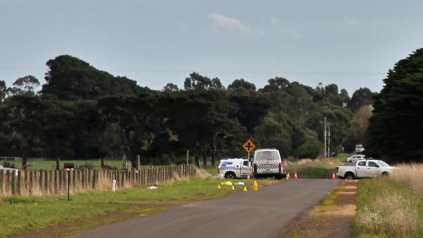 A long view of police cars on a road with paddocks on either side.