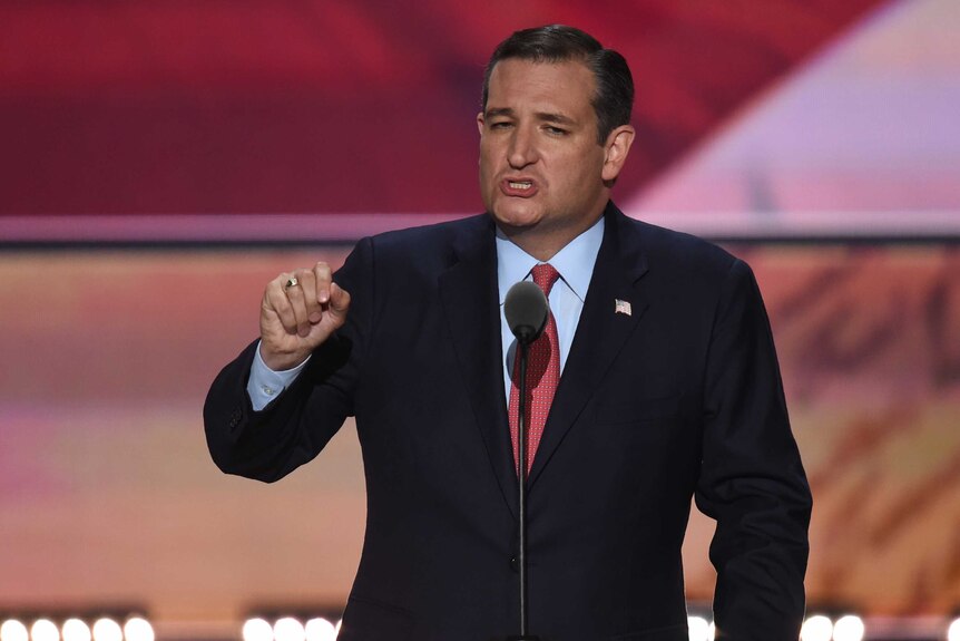 Ted Cruz speaks on stage at the Republican Convention.