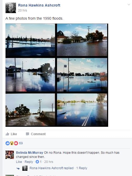 A screen shot of a facebook page with photos of flooded streets