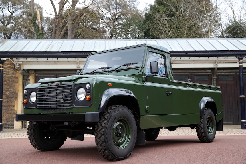 A green specially-built Land Rover that will carry the coffin of Prince Phlip.