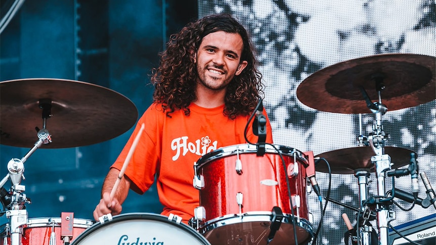 Gang of Youths drummer Donnie Borzestowski performing live at Sydney City Limits festival, 2018