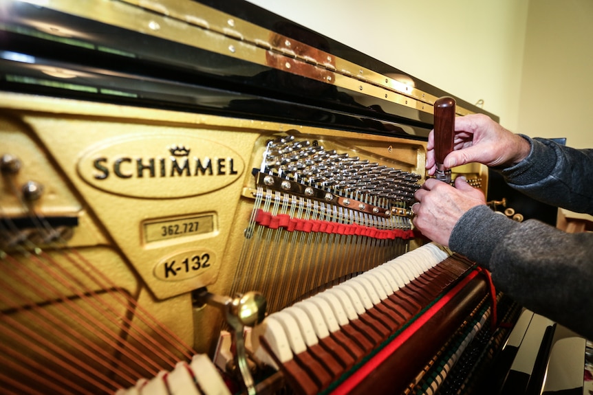 A close up of Graeme's hands holding the tuning hammer on the Schimmel piano.