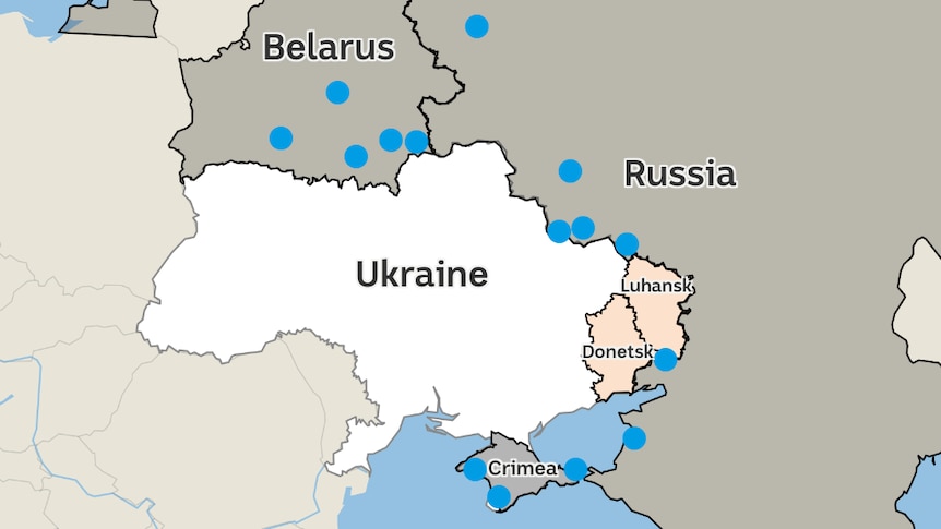 A map of Ukraine shows the locations of Russia's military presence from the north, east and south of the border.