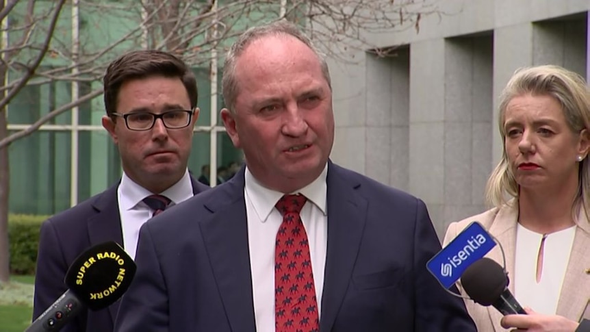 Barnaby Joyce at presser with David Littleproud and Bridget McKenzie either side