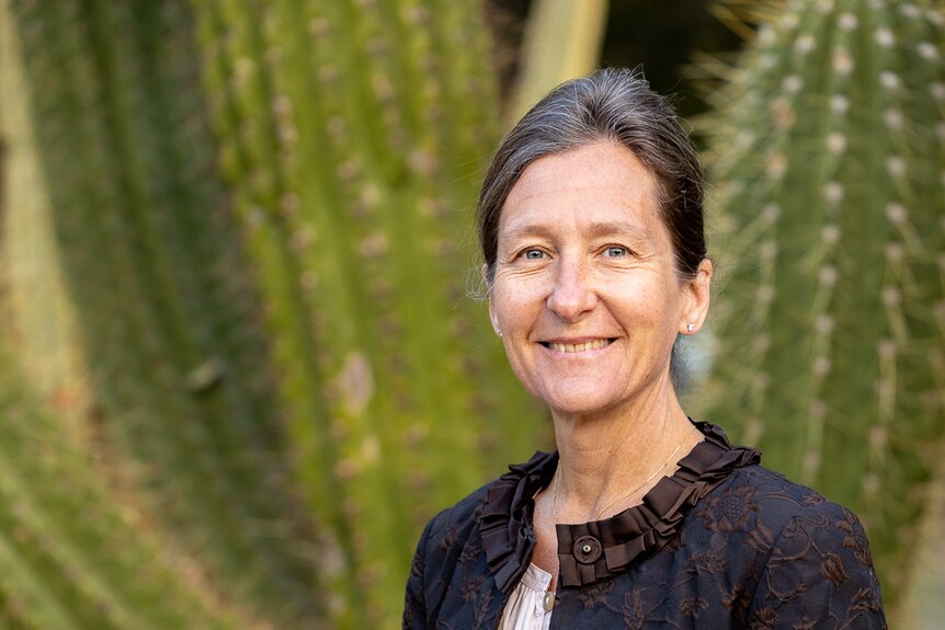 Headshot of woman with blue eyes staring at camera smiling in front of cactus. 