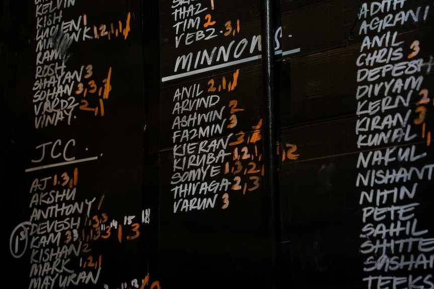 A scoreboard featuring players' names.