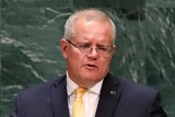 Scott Morrison spreads his arms as he speaks to the United Nations General Assembly in New York