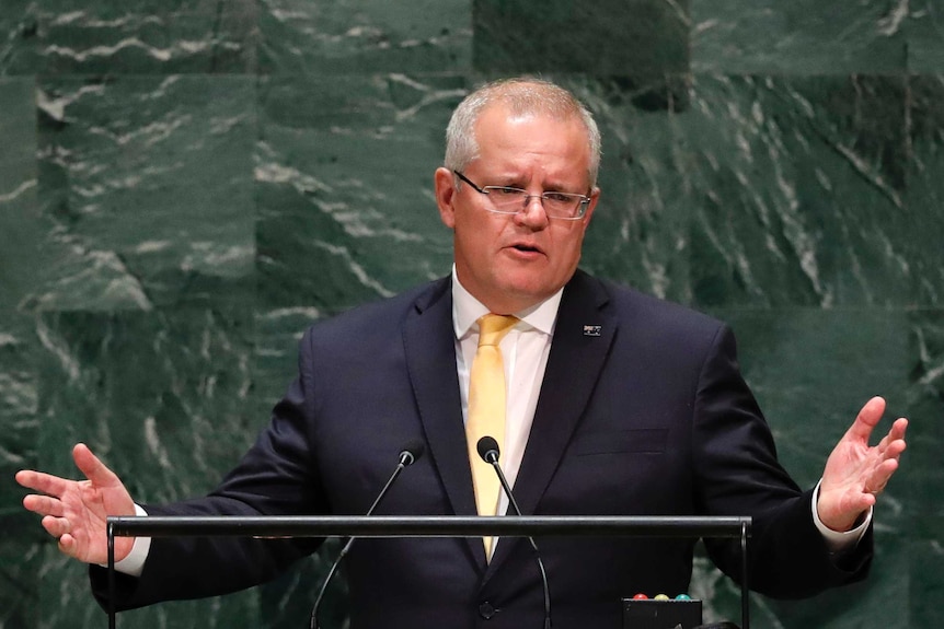 Scott Morrison spreads his arms as he speaks to the United Nations General Assembly in New York