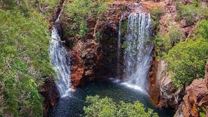 waterfalls over rocks surrounded by bush