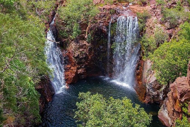 waterfalls over rocks surrounded by bush