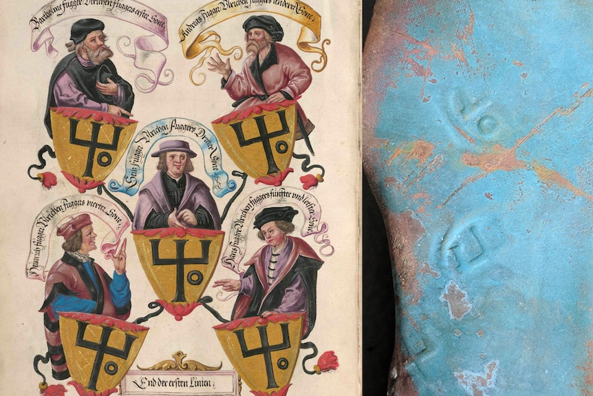 A side-by-side comparison shows a medieval family's coat of arms which mirrors small imprints onto copper turned blue next to it