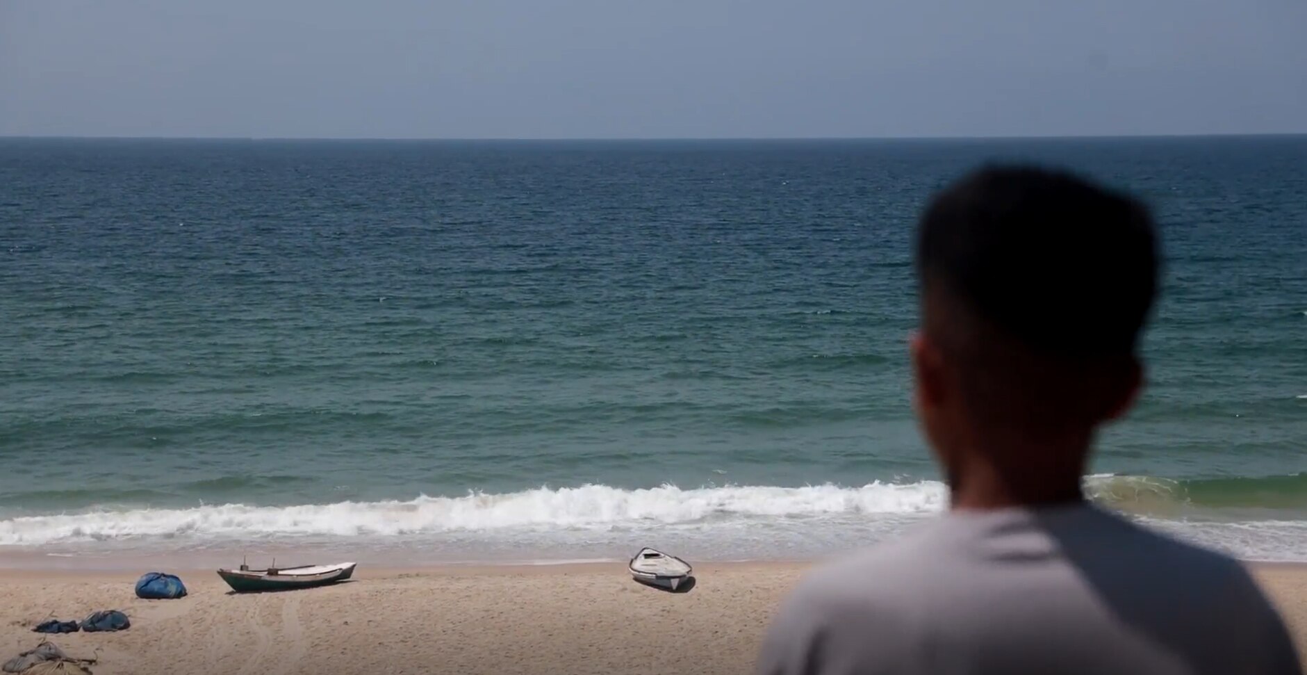 The back of a boy's head looking over the ocean