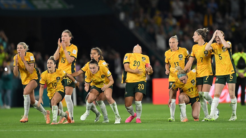 Australia players look pained after a penalty miss at the Women's World Cup.