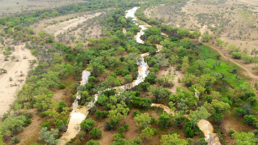 A brown body of water snakes through an outback landscape 