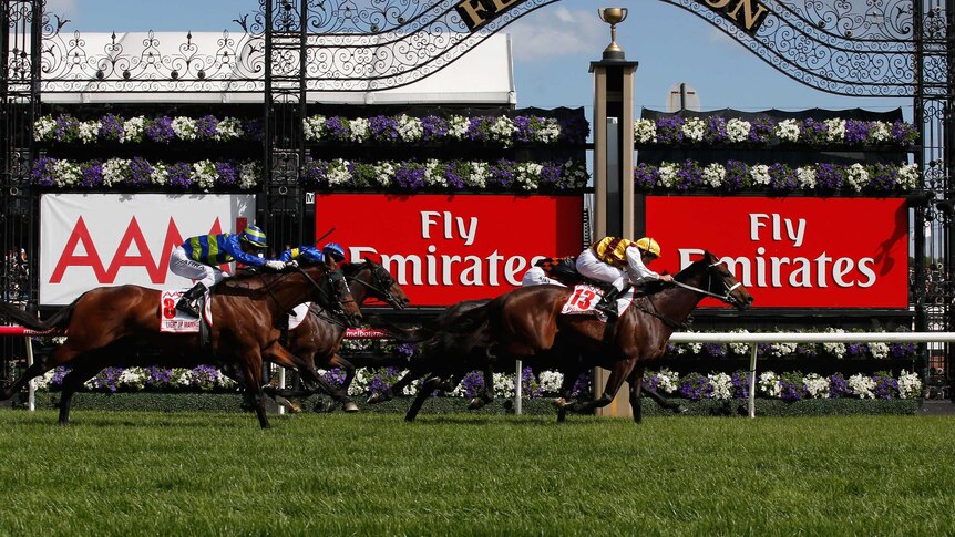 Damien Oliver rides Preferment to victory in the Victoria Derby at Flemington on Derby Day.