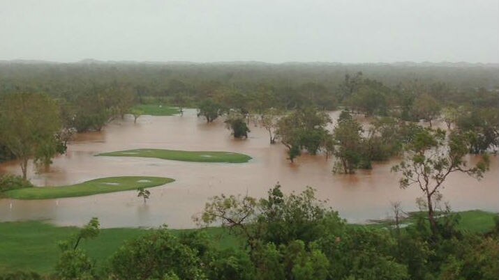 Looking down on Broome Golf Club covered by floodwater.