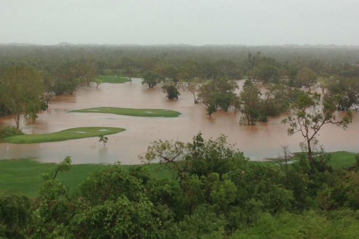 Looking down on Broome Golf Club covered by floodwater.