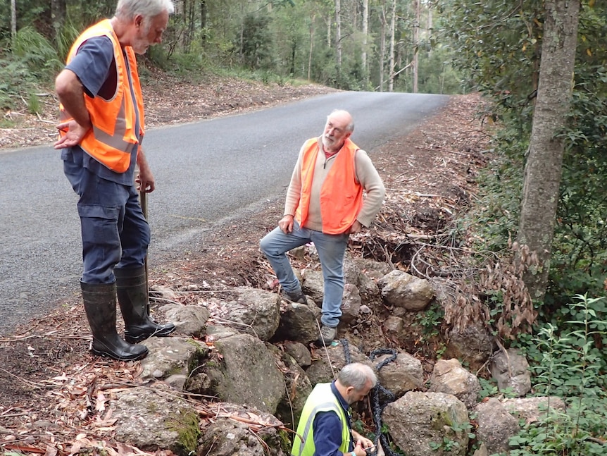 Three men in orange and yellow hi-vis vests inspect a roadside culvert in a bush area.