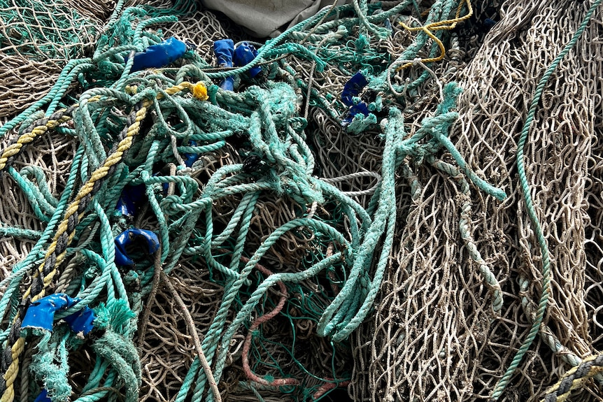 Green and grey rope tangled together.