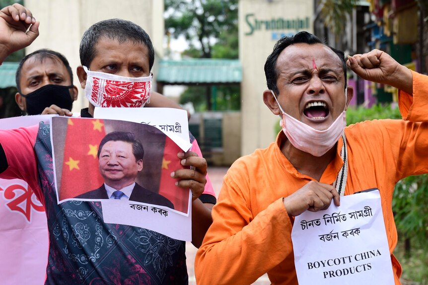 Indians shout slogans and call for boycott of Chinese products during a demonstration in Gauhati, India.