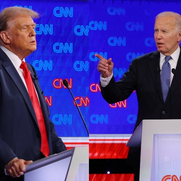 An image composite showing Donald Trump speaking and Joe Biden responding.