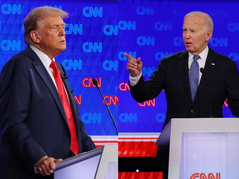 An image composite showing Donald Trump speaking and Joe Biden responding.