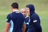 Determined to go...Blues coach Craig Bellamy (r) couldn't make Tahu stick around for a mediation with Johns.