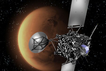 Artist impression of the European Space Agency probe Rosetta with Mars in the background.