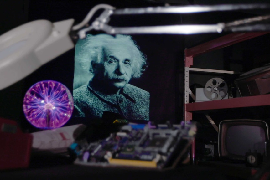 Albert Einstein among science objects.