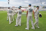Players line up to give hugs and high fives as they celebrate an Ashes Test win.