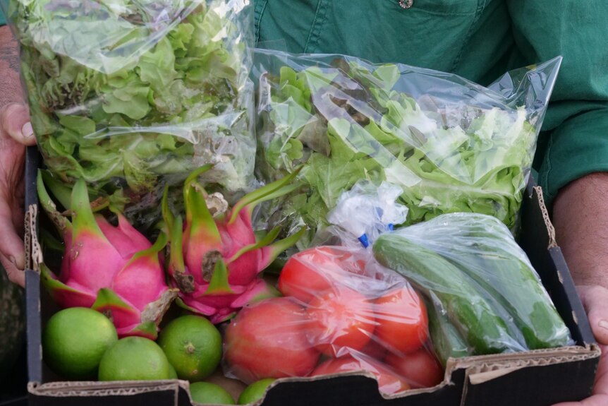 A box of fruit and vegetables.