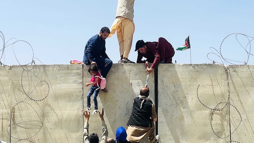 People climbing a wall and pulling others up 