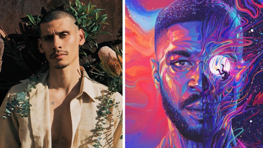 Collage image of Sydney producer 18YOMAN and Kid Cudi's new artwork