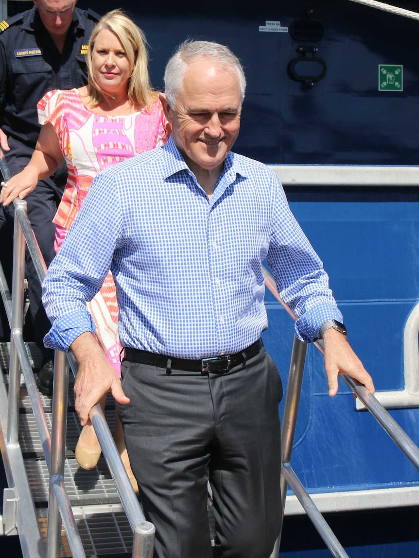 Prime Minister walks off Border Force ship Cape Jervis on Darwin's East Arm Wharf
