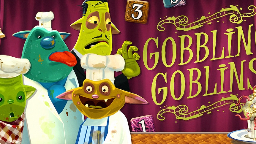 Four filthy looking cartoon goblins wearing chef and waiter uniforms