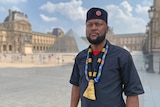 Mwazulu Diyabanza outside the Louvre.