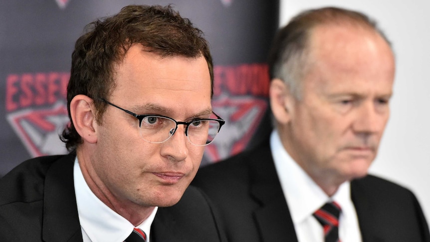 Essendon chief executive Xavier Campbell (left) and chairman Lindsay Tanner in January 2016.