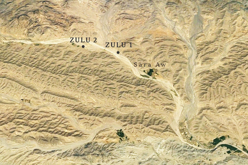 Satellite image of arid land showing where the two Black Hawks landed.