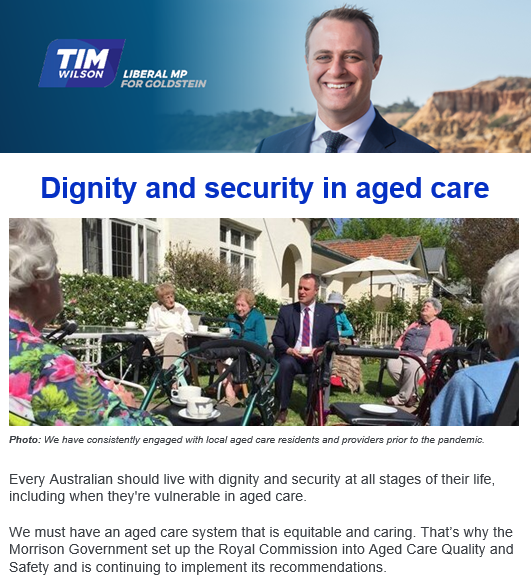 A screenshot of an email from MP Tim Wilson that says dignity and security in aged care.