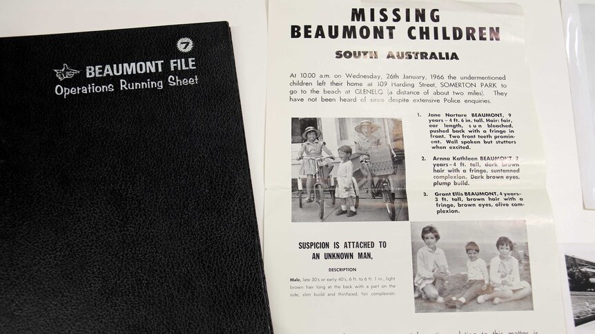The police running sheet and poster relating to the missing Beaumont children.