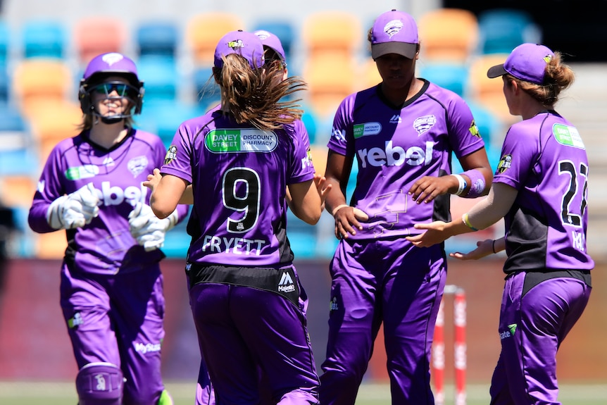 Hurricanes players celebrate a wicket during the WBBL T20 match between the Hobart Hurricanes and the Brisbane Heat.