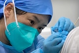 A woman in a blue cap and face mask holds a needle to someone's shoulder